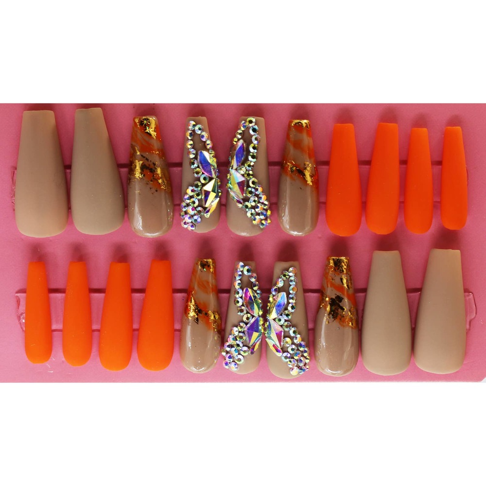 Butterfly Orange Nude Matte Finish Long Stiletto Orange Press On Nails Long